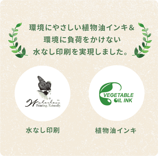 環境にやさしい植物油インキ＆環境に負荷をかけない水なし印刷を実現しました。