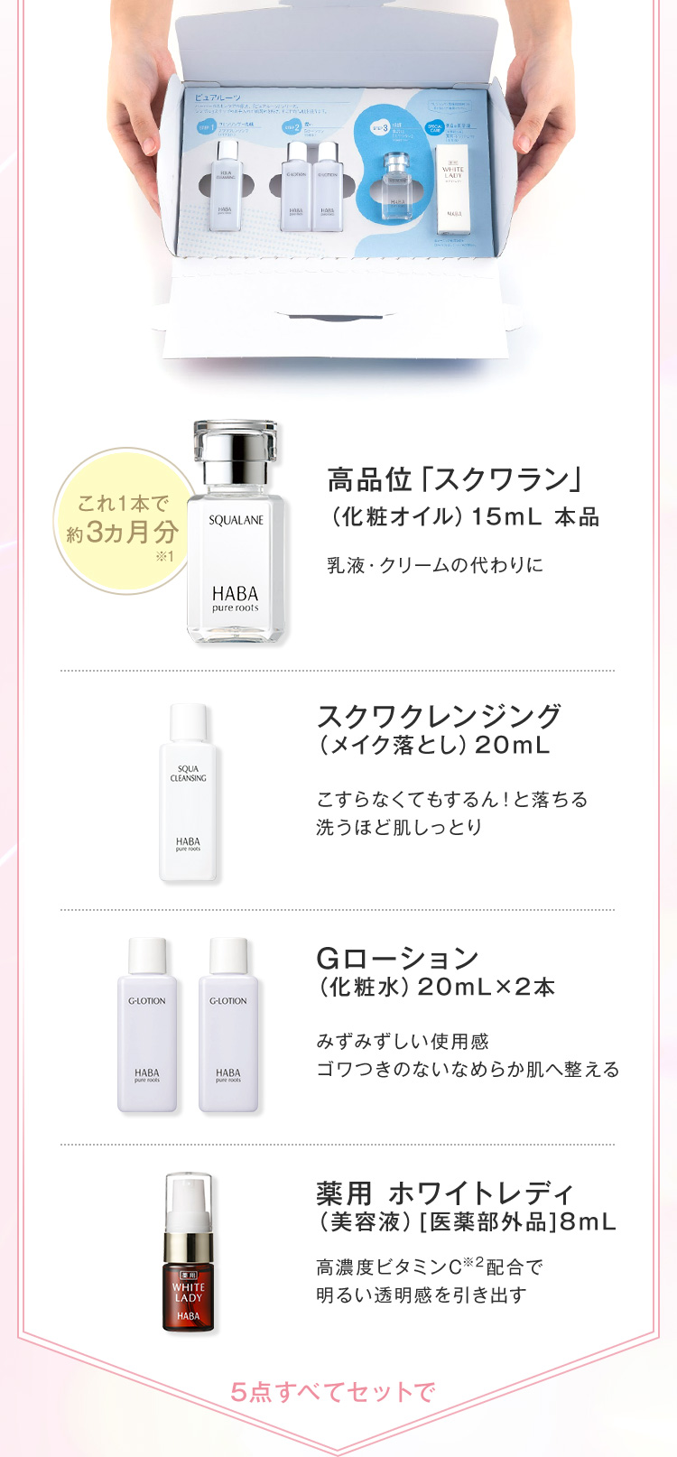 高品位「スクワラン」、スクワクレンジング、Gローション、薬用ホワイトレディ5点すべてセットで