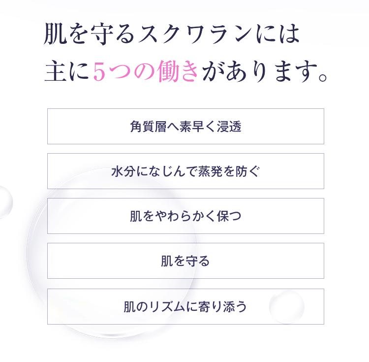 肌を守るスクワランには主に5つの働きがあります。角質層へ素早く浸透 水分になじんで蒸発を防ぐ 肌をやわらかく保つ 肌を守る 肌のリズムに寄り添う