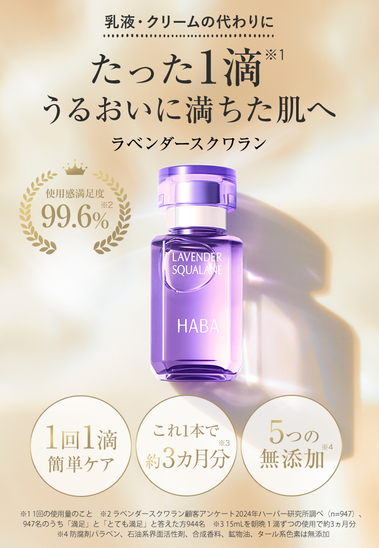 乳液・クリームの代わりにたった1滴※1 うるおいに満ちた肌へ　ラベンダースクワラン 1回1滴簡単ケア これ1本分で約3ヵ月分※3 5つの無添加※4 ※1 1回の使用量のこと ※2 ラベンダースクワラン顧客アンケート2024年ハーバー研究所調べ(n=947)947名のうち「満足」と「とても満足」と答えた方944名 ※3 15mLを朝晩1滴ずつの使用で約3ヵ月分 ※4 防腐剤バラベン、石油系界面活性剤、合成香料、鉱物油、タール系色素は無添加