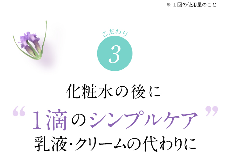 ※1回の使用量のこと こだわり 3 化粧水の後に 1滴のシンプルケア 乳液・クリームの代わりに