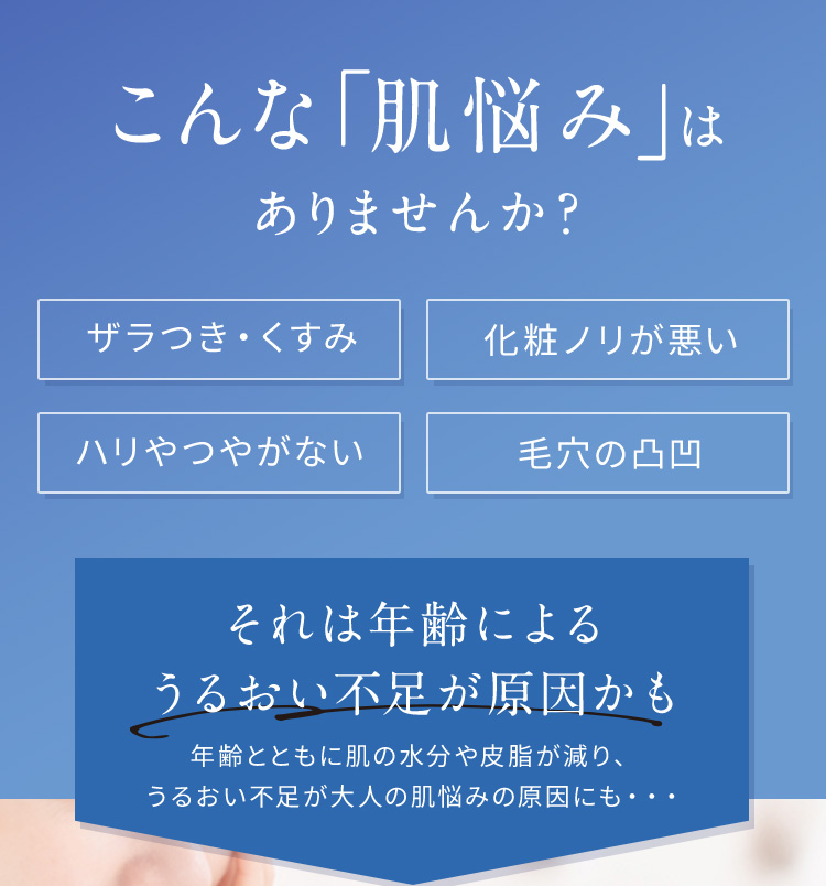 こんな「肌悩み」はありませんか？ ザラつき・くすみ 化粧ノリが悪い ハリやつやがない 毛穴の凸凹 それは年齢によるうるおい不足が原因かも 年齢とともに肌の水分や皮脂が減り、うるおい不足が大人の肌悩みの原因にも…