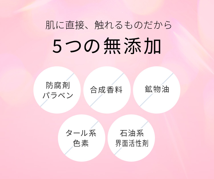 肌に直接、触れるものだから 5つの無添加 防腐剤パラベン 合成香料 鉱物油 タール系色素 石油系界面活性剤