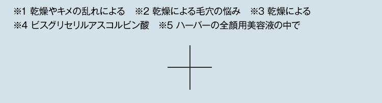 ※1 乾燥やキメの乱れによる　※2 乾燥による毛穴の悩み　※3 乾燥による　※4 ビスグリセリルアスコルビン酸　※5 ハーバーの全顔用美容液の中で