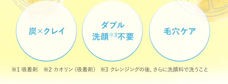 炭×クレイ ダブル洗顔※3不要 毛穴ケア ※1 吸着剤　※2 カオリン（吸着剤） ※3 クレンジングの後、さらに洗顔料で洗うこと