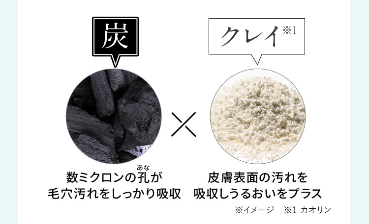 炭 数ミクロンの孔が毛穴汚れをしっかり吸収 ×クレイ※1 皮膚表面の汚れを吸収しうるおいをプラス ※イメージ ※1 カオリン