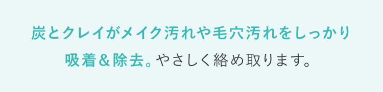 炭とクレイがメイク汚れや毛穴汚れをしっかり吸着＆除去。やさしく絡め取ります。