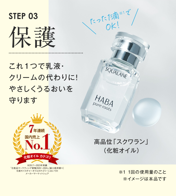 STEP03 保護 これ1つで乳液・クリームの代わりに！やさしくうるおいを守ります たった1滴※1でOK! 高品位「スクワラン」（化粧オイル） ※1 1回の使用量のこと ※イメージは本品です