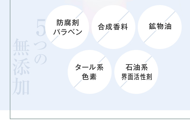 5つの無添加 防腐剤 パラベン 合成香料 鉱物油 タール系 色素 石油 系 界面活性剤