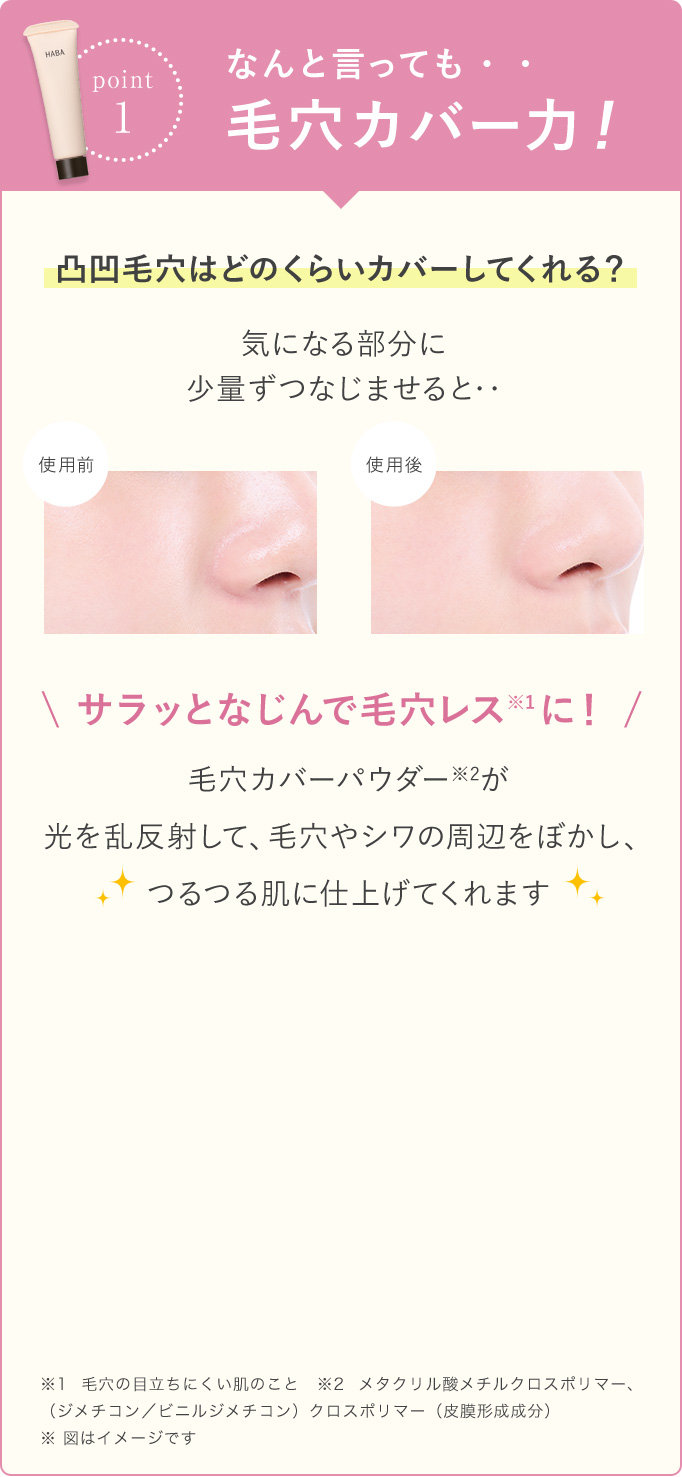 『point1』なんと言っても…毛穴カバー力! 凸凹毛穴はどのくらいカバーしてくれる?気になる部分に少量ずつなじませると…＼サラッとなじんで毛穴レス※1に!／毛穴カバーパウダー※2が光を乱反射して、毛穴やシワの周辺をぼかし、つるつる肌に仕上げてくれます　※毛穴の目立ちにくい肌のこと ※2 メタクリル酸メチルクロスポリマー(ジメチコン／ビニルジメチコン)クロスポリマー(皮膜形成成分) ※図はイメージです