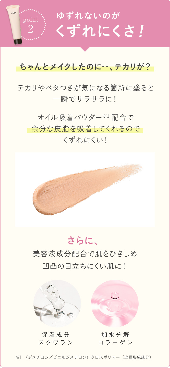 『point2』ゆずれないのがくずれにくさ!ちゃんとメイクしたのに‥、テカリが？テカリやベタつきがきになる箇所に塗ると一瞬でサラサラに!オイル吸着パウダー配合で余分な皮脂を吸着してくれるので崩れにくい!さらに、美容成分配合で肌をひきしめ凸凹の目立ちにくい肌に！保湿成分スクワラン 加水分解コラーゲン ※1（ジメチコン／ビニルジメチコン）クロスポリマー（皮膜形成成分）