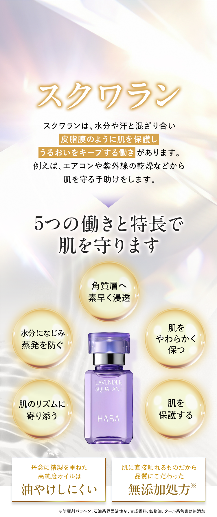スクワランスクワランは、水分や汗と混ざり合い 皮脂膜のように肌を保護し うるおいをキープする働きがあります。 例えば、エアコンや紫外線の乾燥などから 肌を守る手助けをします。5つの働きと特長で 肌を守ります角質層へ 素早く浸透肌を やわらかく 保つ肌を 保護する肌のリズムに 寄り添う水分になじみ 蒸発を防ぐ丹念に精製を重ねた 高純度オイルは油やけしにくい肌に直接触れるものだから 品質にこだわった無添加処方※※防腐剤パラベン、石油系界面活性剤、合成香料、鉱物油、タール系色素は無添加