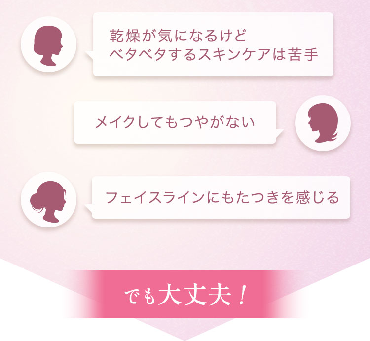 乾燥が気になるけどベタベタするスキンケアは苦手 メイクをしてもつやがない フェイスラインにもたつきを感じる でも大丈夫！