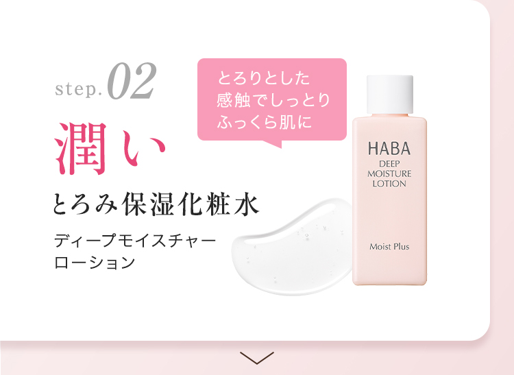 step 02 潤い とろみ保湿化粧水 ディープモイスチャーローション とろりとした感触でしっとりふっくら肌に HABA DEEP MOISTURE LOTION Moist Plus